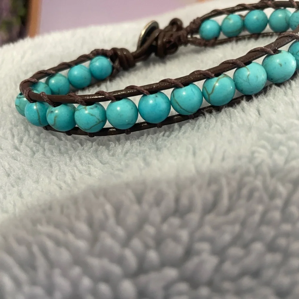 Handmade Bohemian Turquoise and Leather Beaded Ladder Stitch  Bracelet